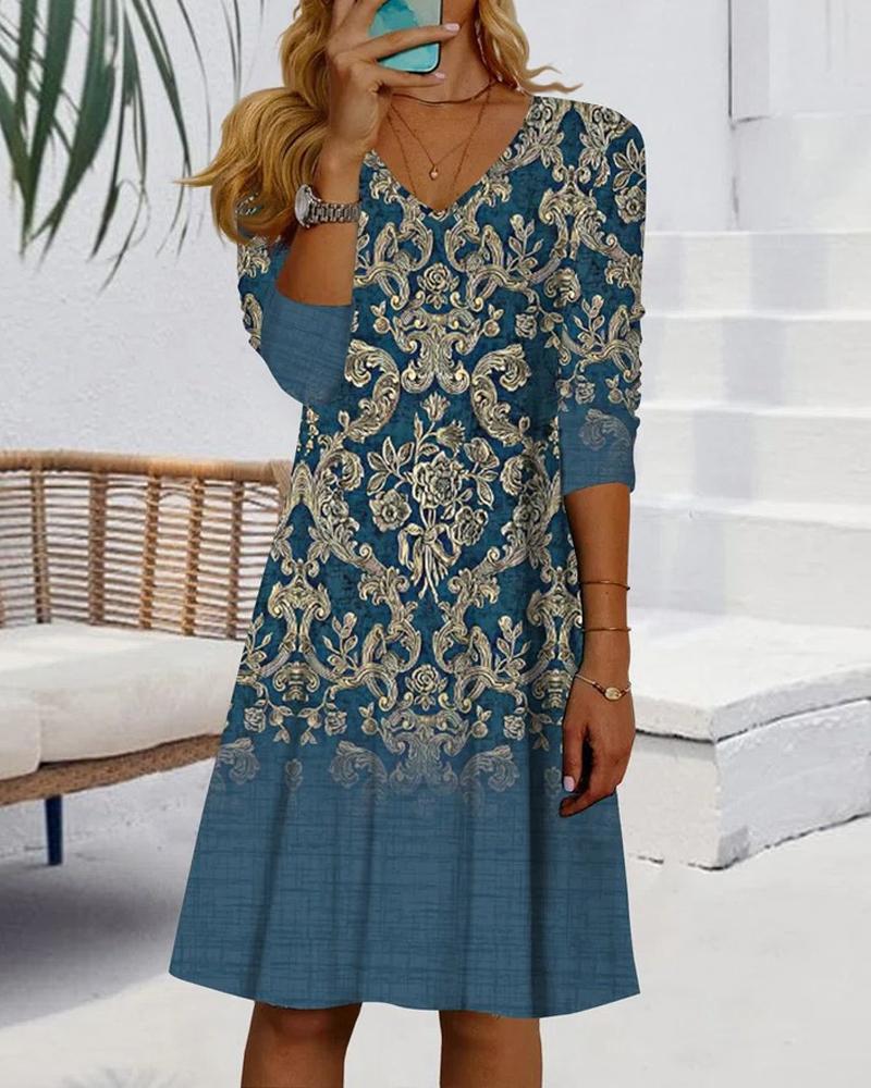 

Tribal Print Long Sleeve Casual Dress, Blue