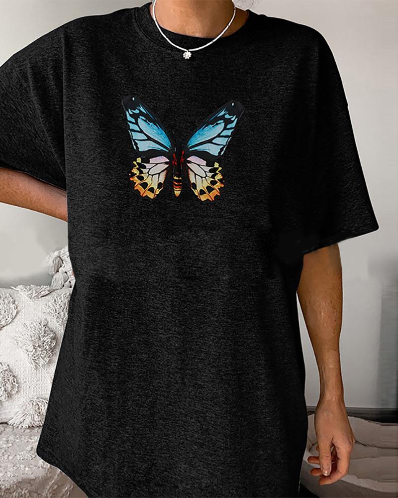 

Short Sleeve Butterfly Print T-Shirt, Black
