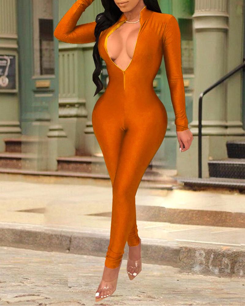 

Cut Out Front Zipper Jumpsuit, Brown