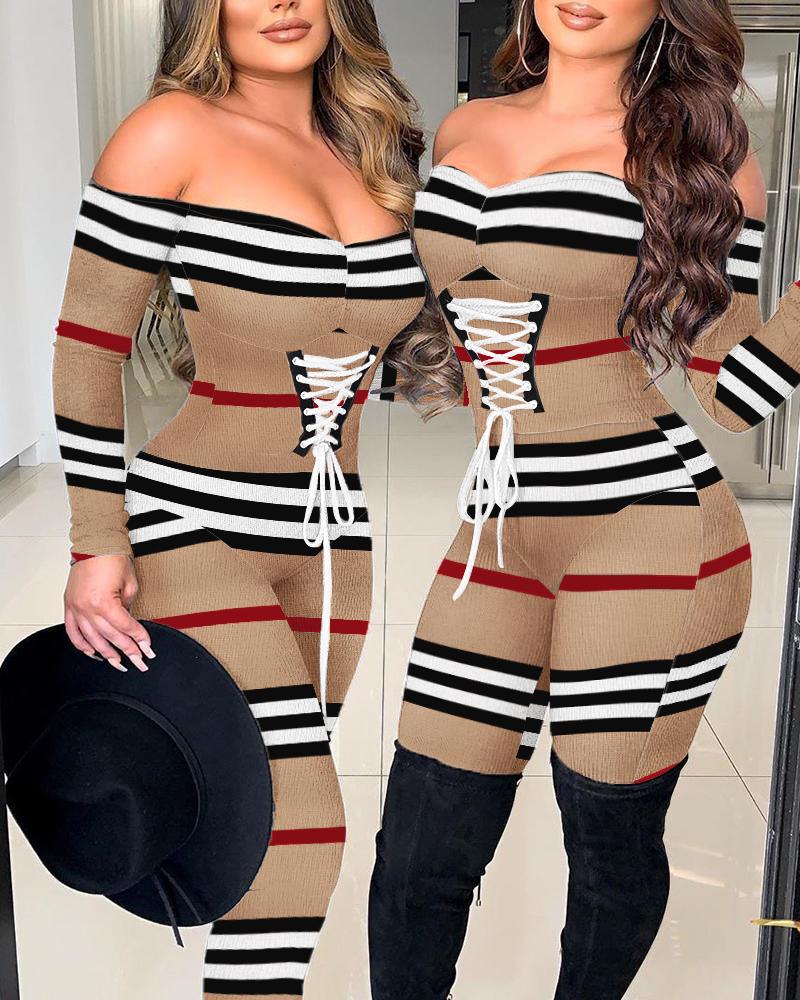 

Striped Lace-up Off Shoulder Jumpsuit, Khaki