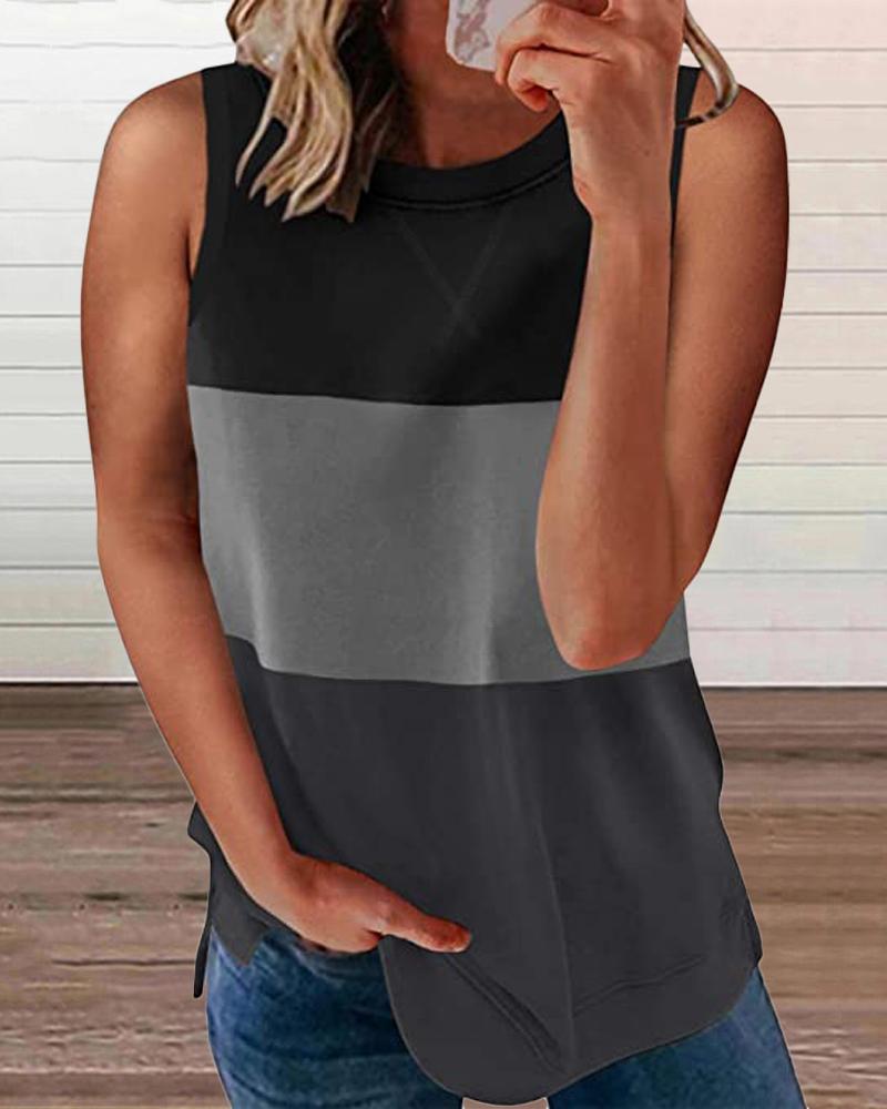 

Striped Colorblock Round Neck Casual Tank Top, Gray