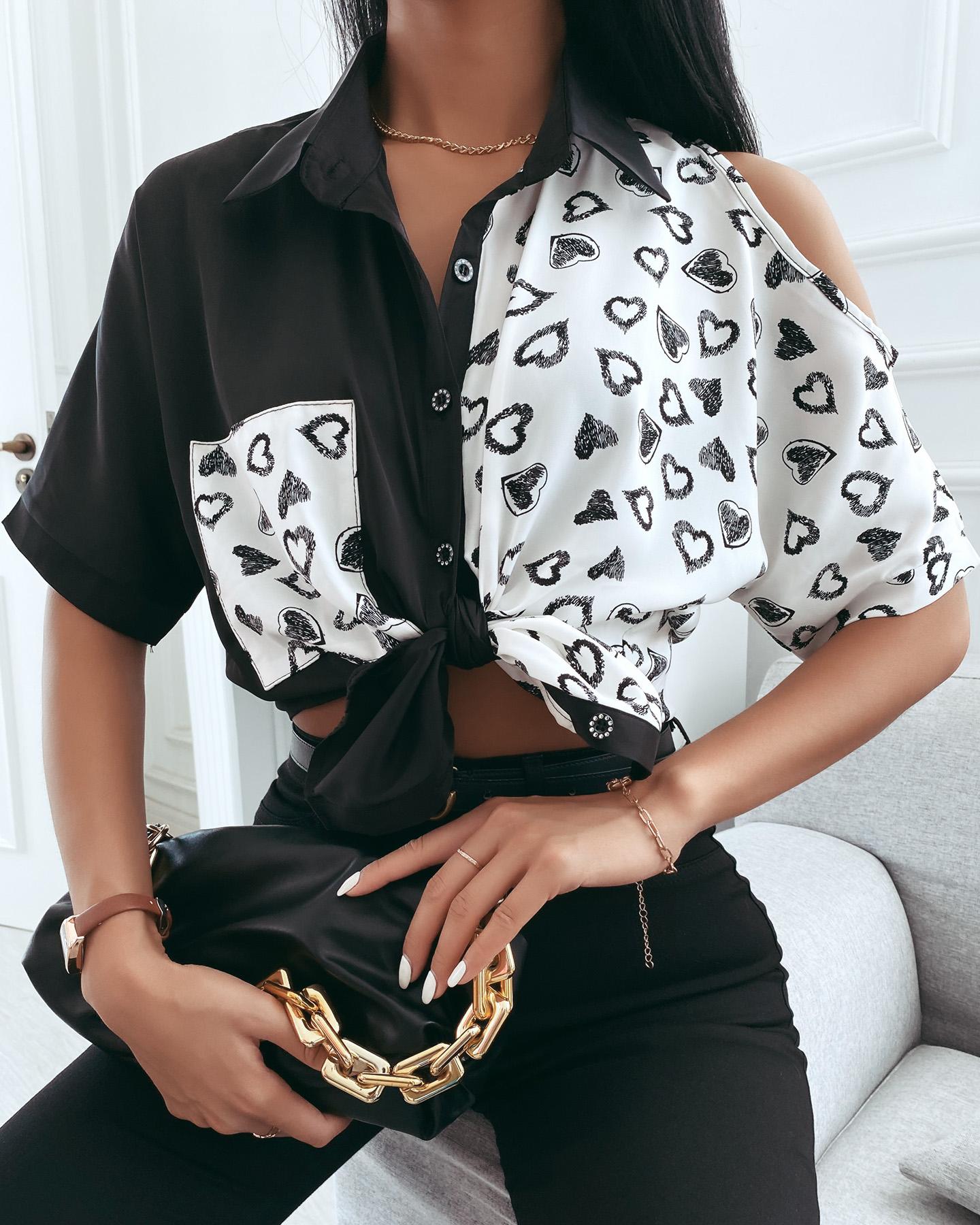 

Heart Print Colorblock One Shoulder Buttoned Shirt, Style1