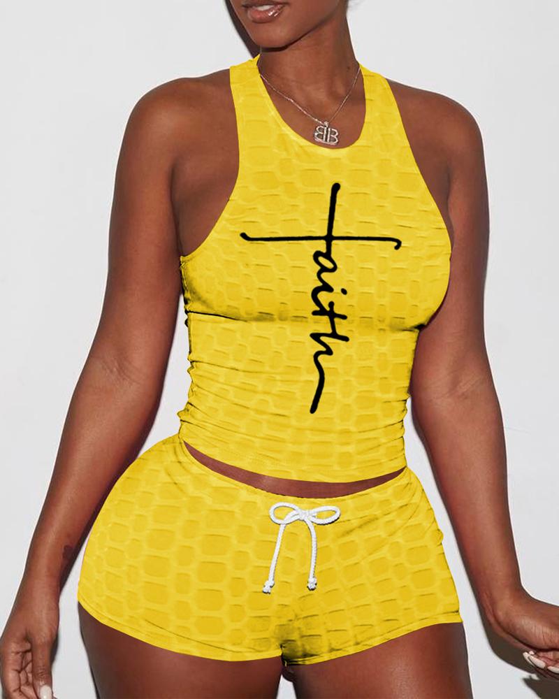 

Letter Print Textured Drawstring Active Set, Yellow