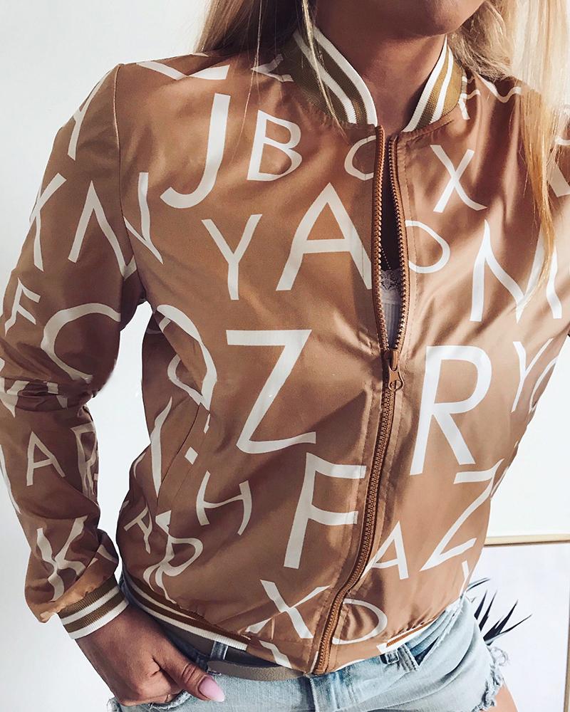 

Zipper Decor Letter Print Jacket, Khaki
