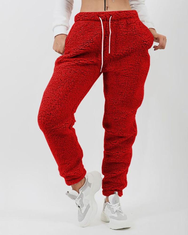 

Drawstring Pocket Decor Fluffy Casual Pants, Red