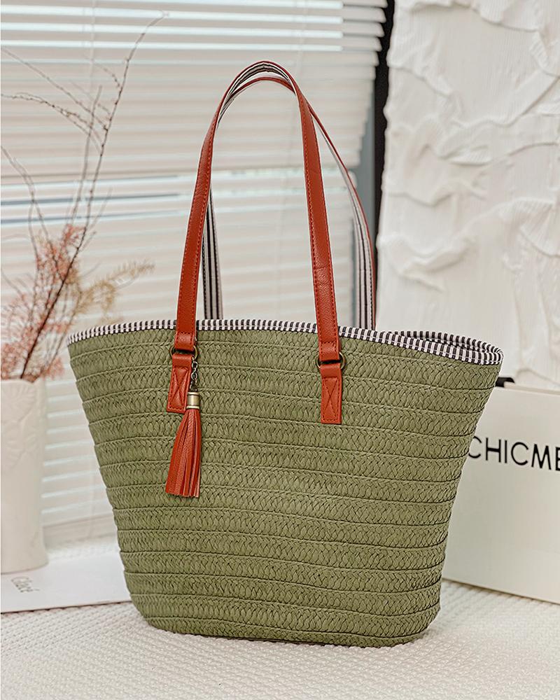 

Top Handle Braided Beach Straw Bag, Army green