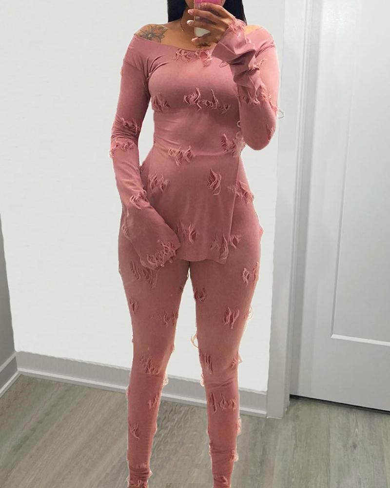 

Ripped Round Neck Slit Top & Pants Set, Pink