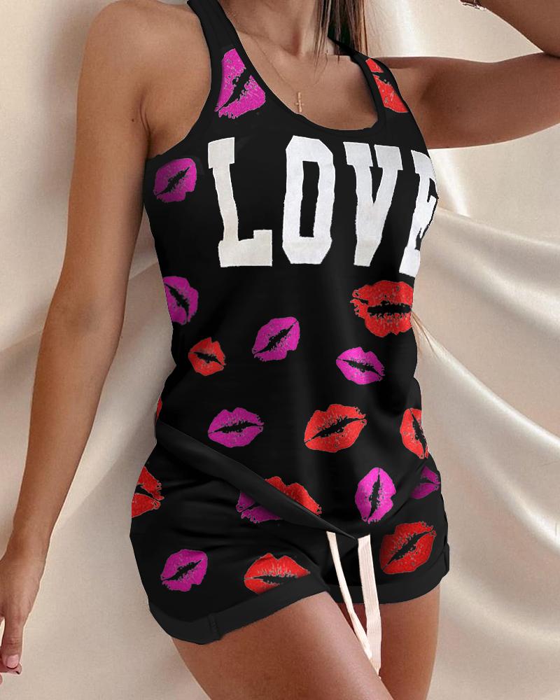 

Valentine' Day Lip Letter Print Drawstring Pajamas Set, Black