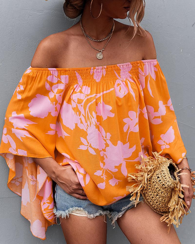 

Off Shoulder Batwing Sleeve Floral Print Top, Orange