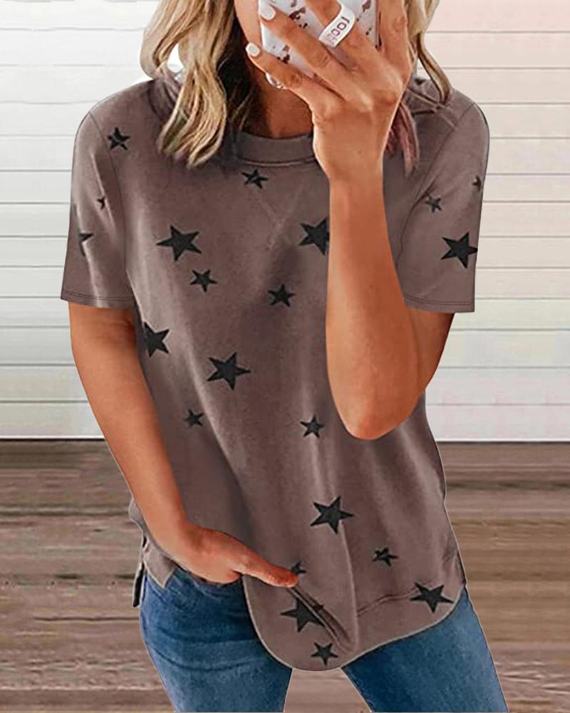 

Star Print Round Neck Short Sleeve T-Shirt, Brown