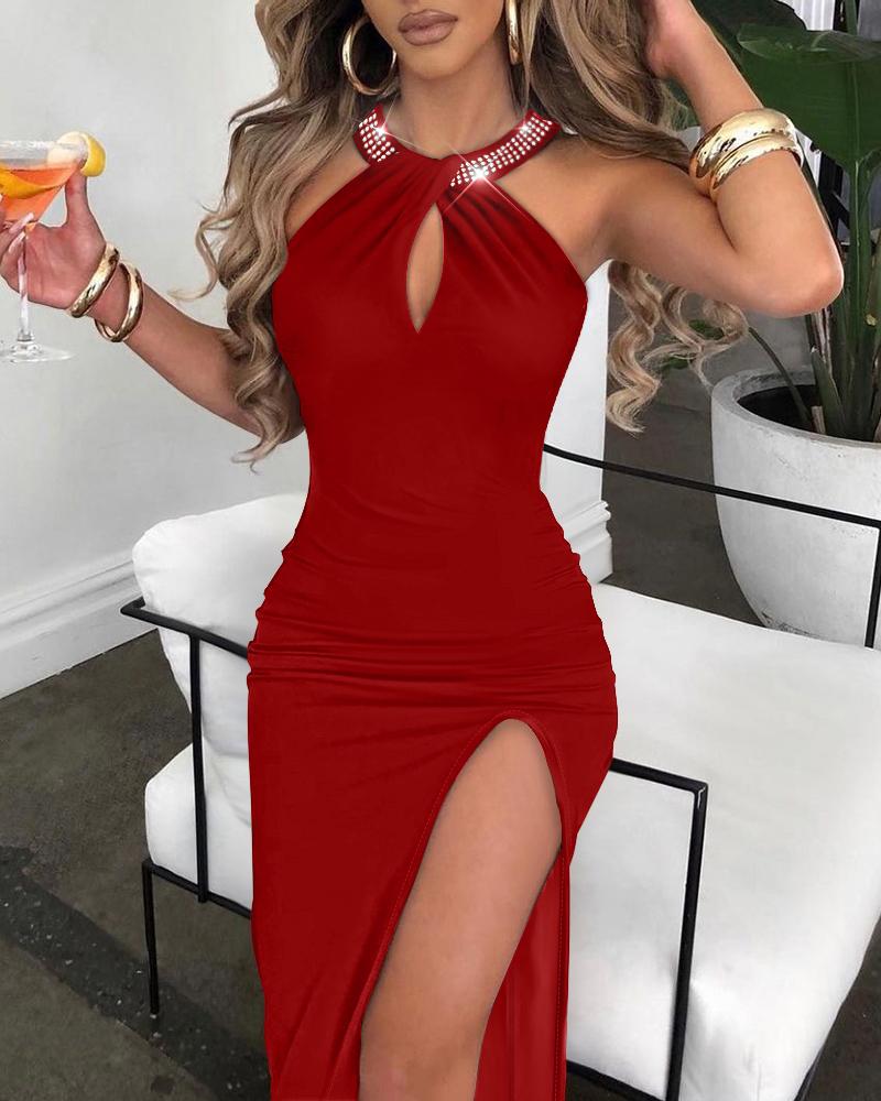 

Rhinestone Decor Halter High Slit Dress, Red