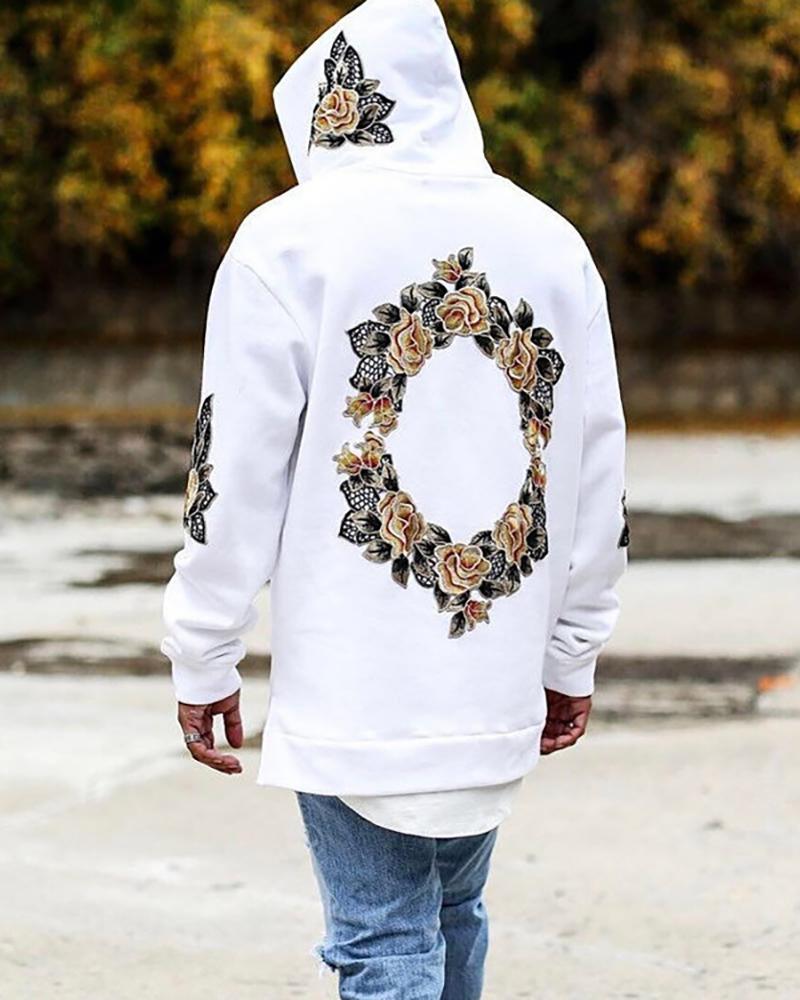 

Men Floral Embroidery Long Sleeve Hooded Sweatshirt, White