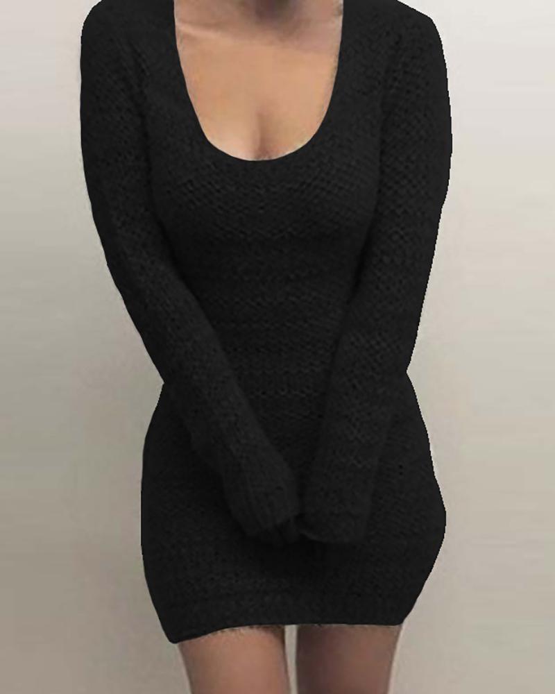 

Solid Long Sleeve Knit Bodycon Dress, Black