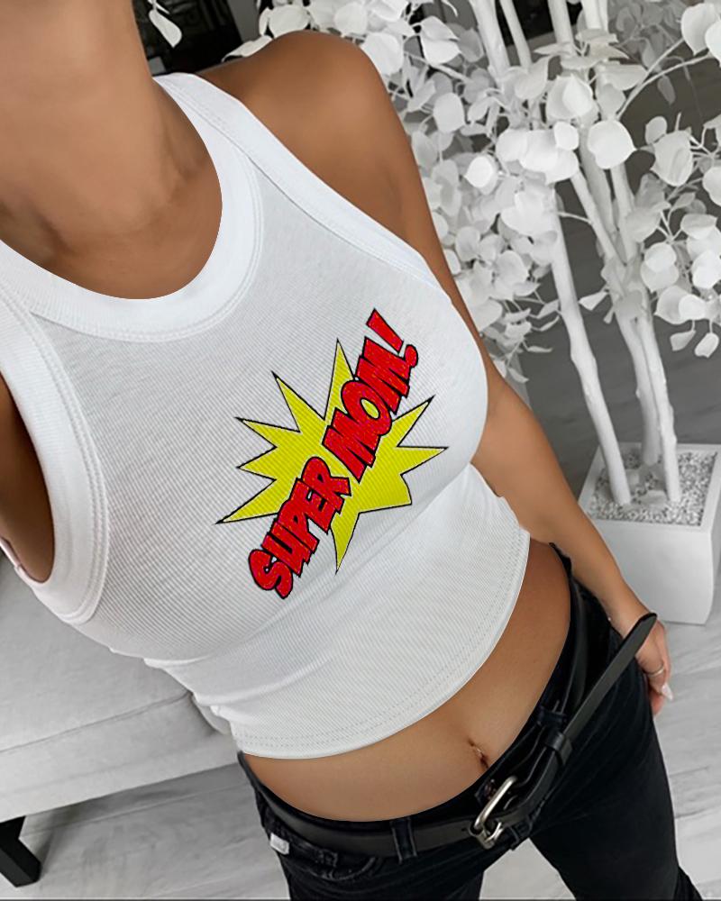 

Mother' Day Letter Print Basic Top Shirt Slim Knit Ribbed Racerback Blouses Crop Tank Tops, White