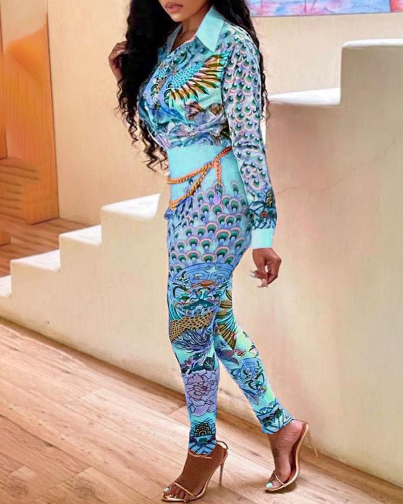 

Long Sleeve Peacock Print Buttoned Top & Pants Set, Blue