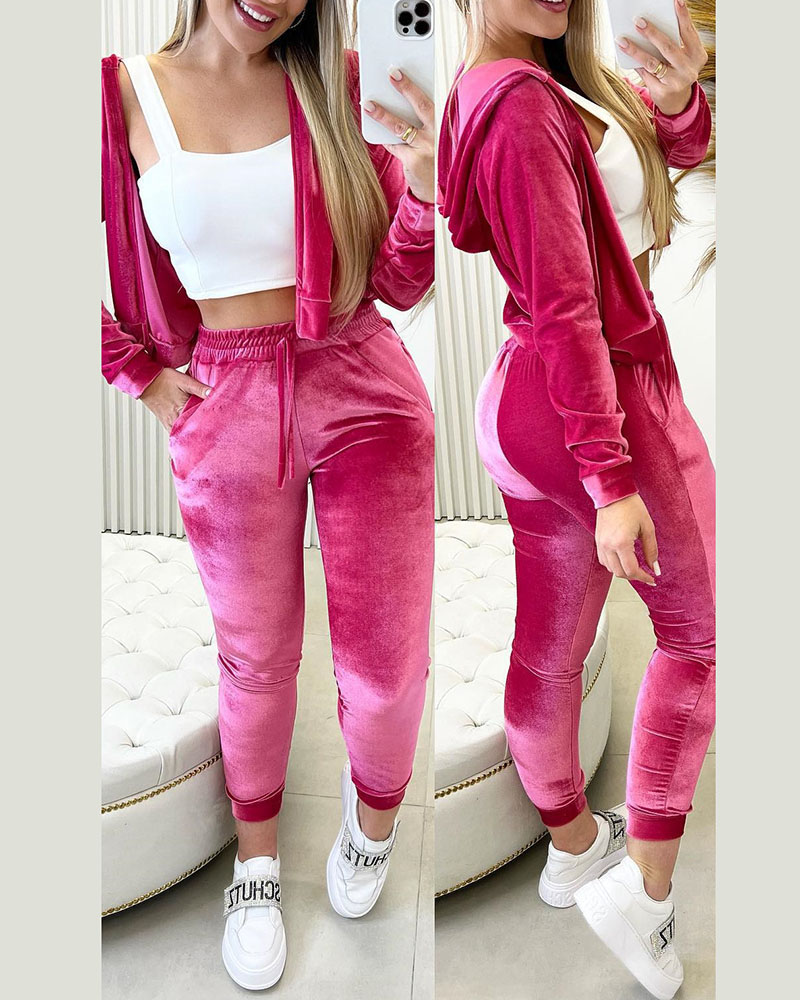 

Velvet Zipper Design Hooded Top & Pocket Design Pants Set, Hot pink