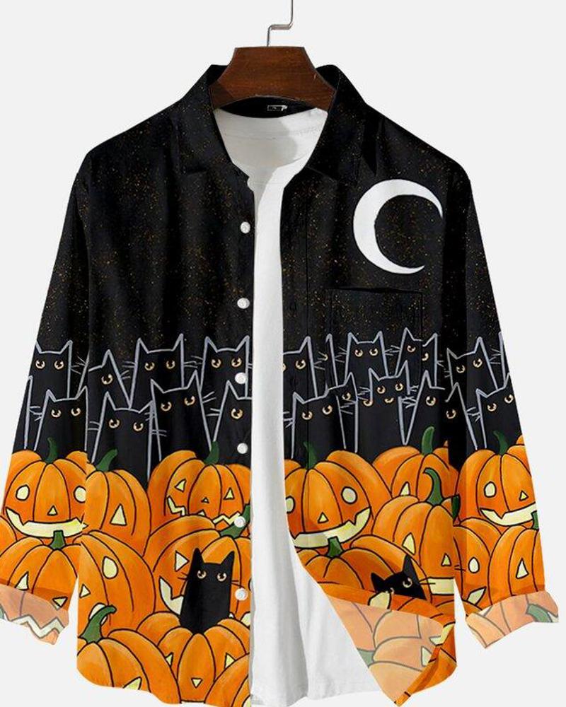 

Mens Halloween Cats Pumpkins Printed Button Up Long Sleeve Shirt, Black