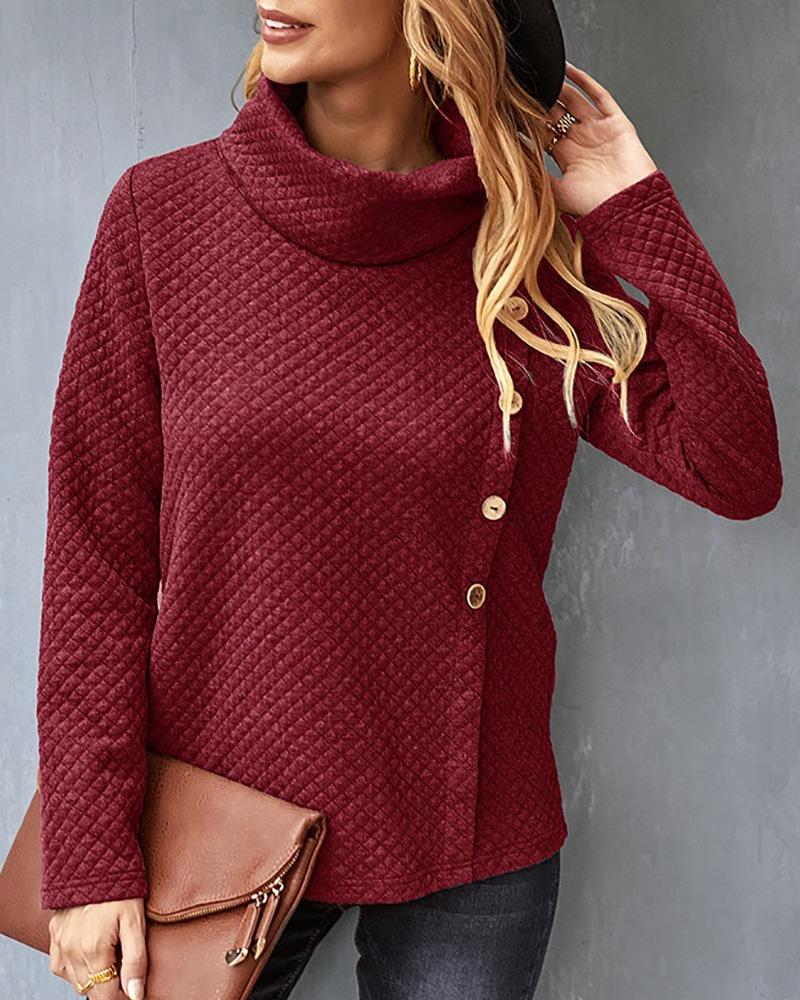 

Button Decor High Neck Long Sleeve Sweater, Red