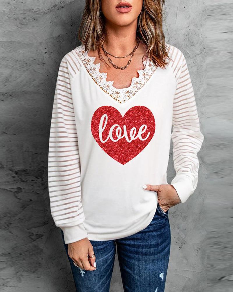 

Valentine' Day Love Heart Print Lace Trim Top, White