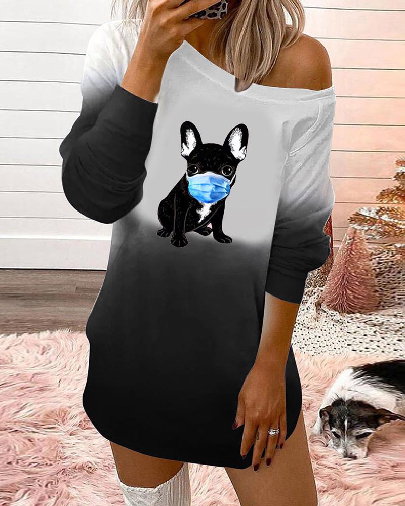 

Dog Print Colorblock Long Sleeve Top, Black