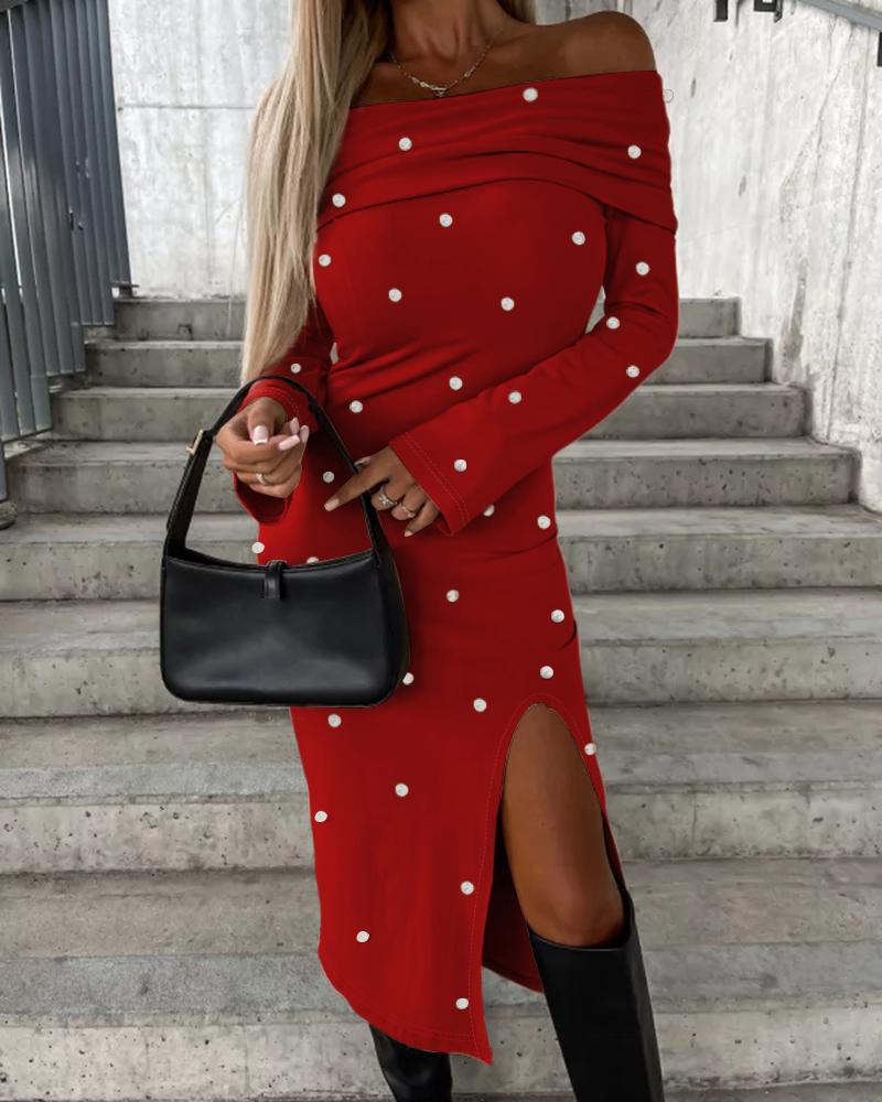 

Studded Off Shoulder Slit Midi Dress, Red