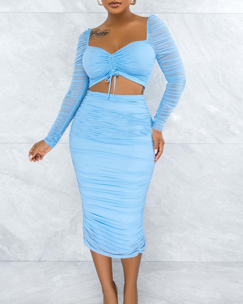 

Contrast Mesh Drawstring Ruched Crop Top & Skirt Set, Blue