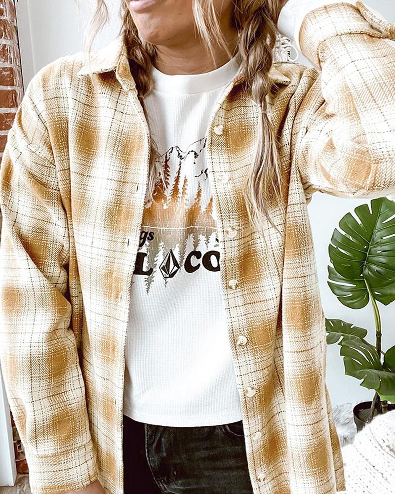 

Long Sleeve Button Design Plaid Print Shacket, Yellow