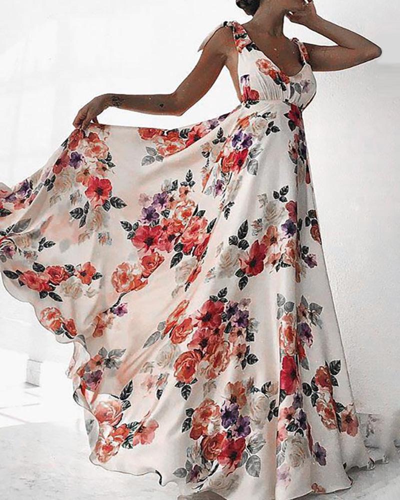 

Floral Print Tied Detail Backless Maxi Dress, White