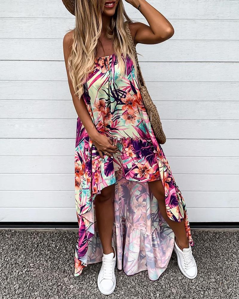 

Floral Print Ruffle Hem Asymmetrical Dress, Multicolor