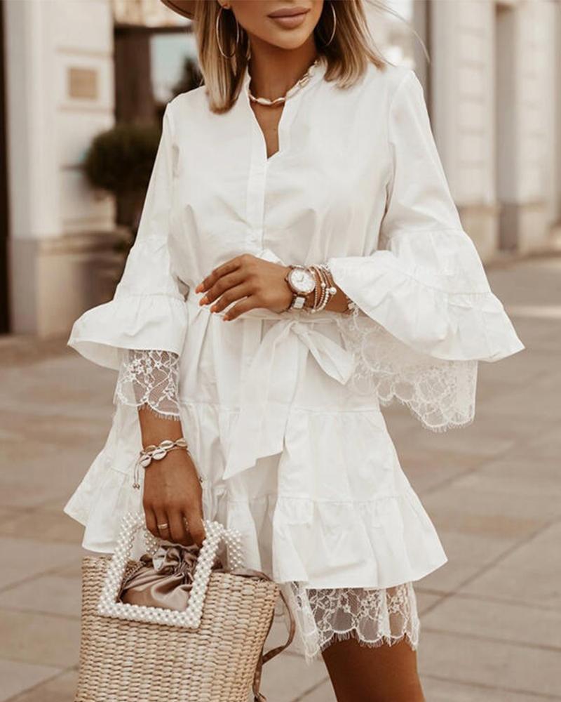 

Solid Color Splicing Lace Ruffle Hem Long Sleeve Mini Dress, White
