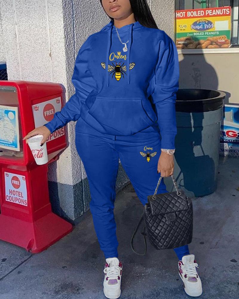 

Bee Pattern Hooded Top & High Waist Pants Set, Blue