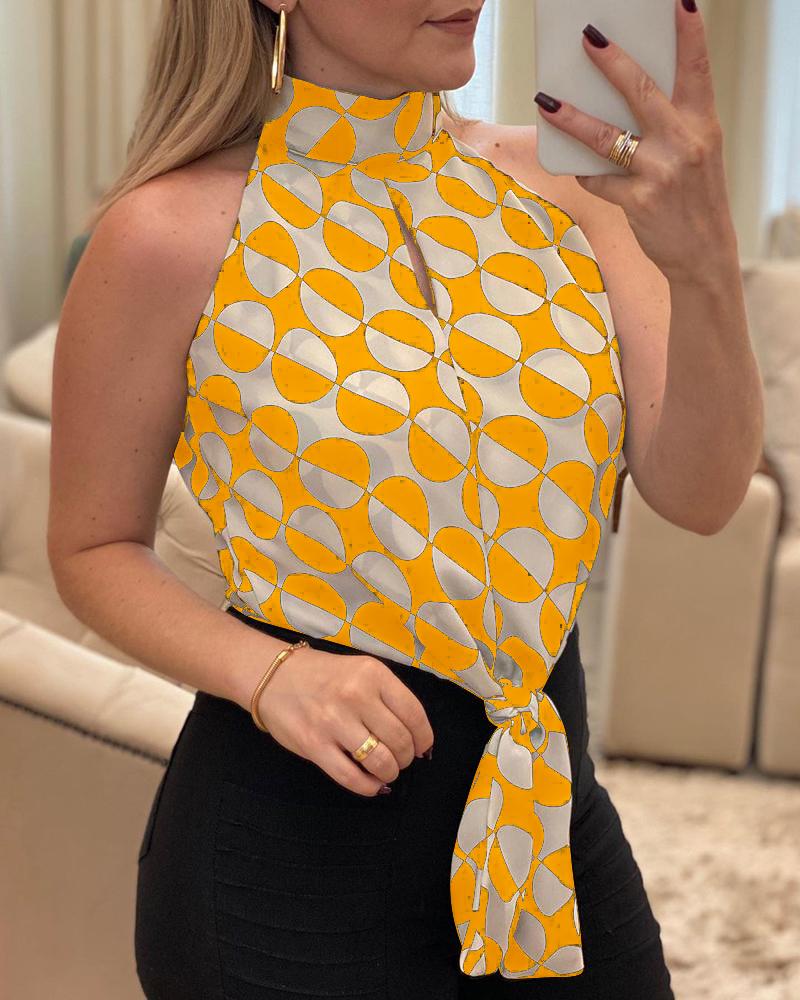 

Tie Front Allover Print Top, Yellow