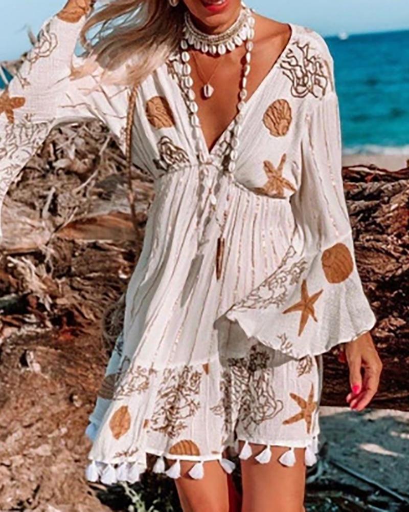 

Tassel Design Graphic Print Bell Sleeve Dress, White