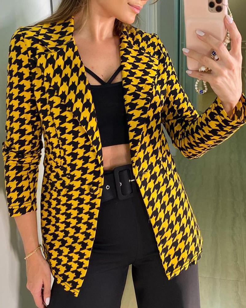 

Long Sleeve Houndstooth Print Buttoned Blazer Coat, Yellow