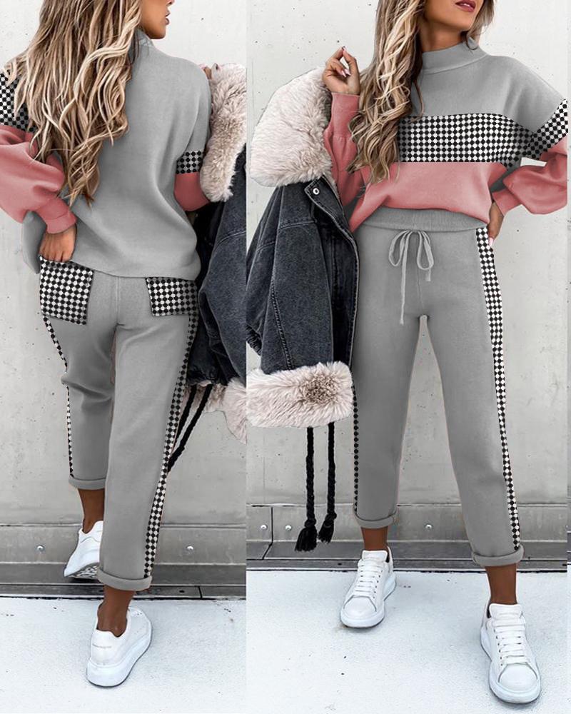 

Colorblock Long Sleeve Top & Drawstring Pockets Design Pants Set, Gray