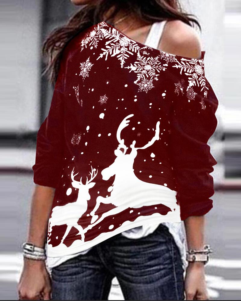 

Christmas Reindeer Print Long Sleeve Sweatshirt, Wine red