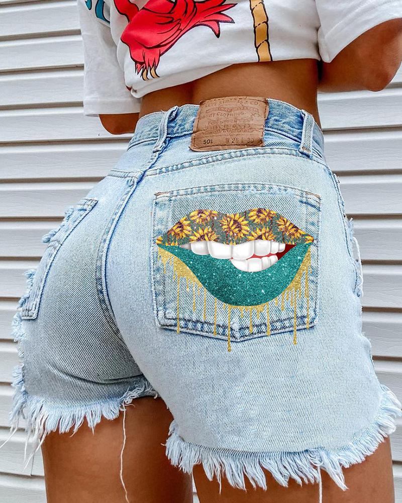 

Sunflower Lip Print Ripped Fringe Denim Shorts, Blue