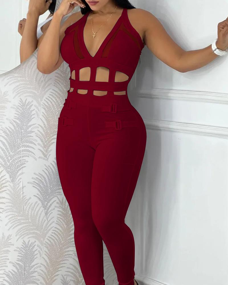 

Hollow Out Halter Buckled Contrast Mesh Jumpsuit, Red