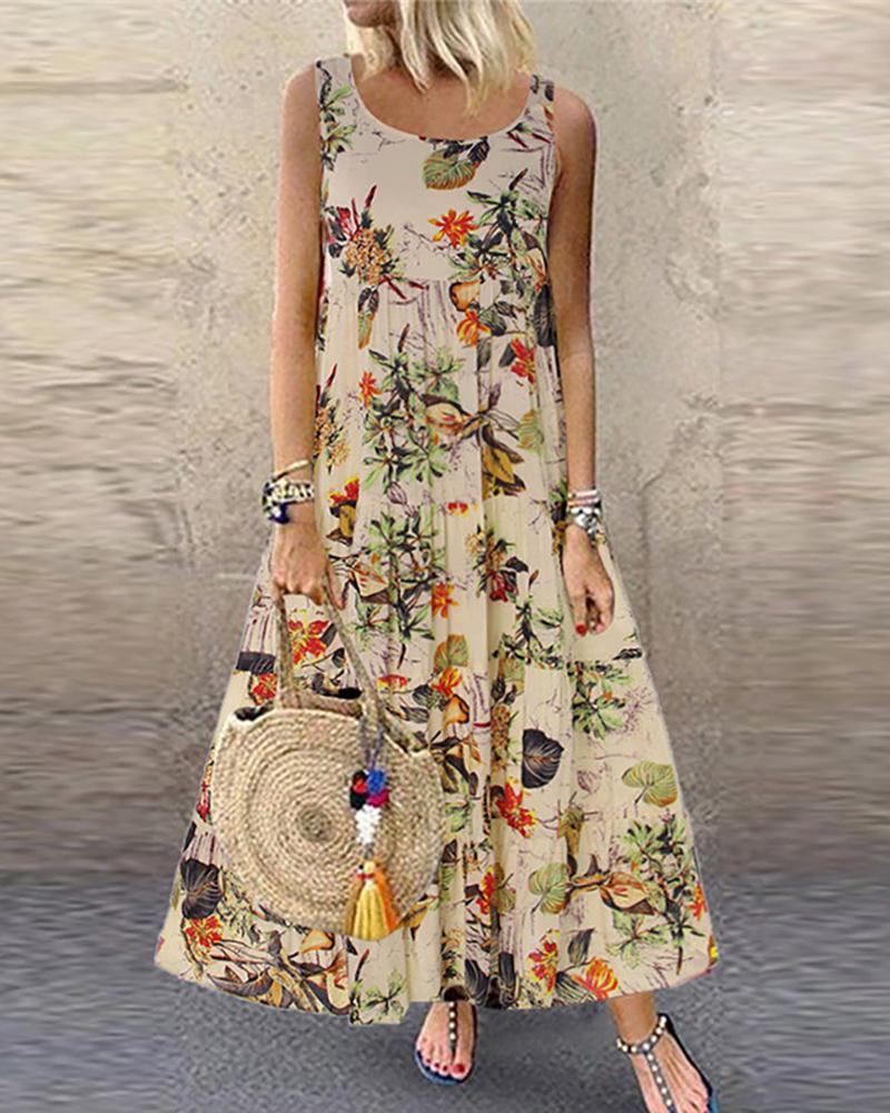 

Floral Leaf Print Sleeveless Maxi Dress, Beige