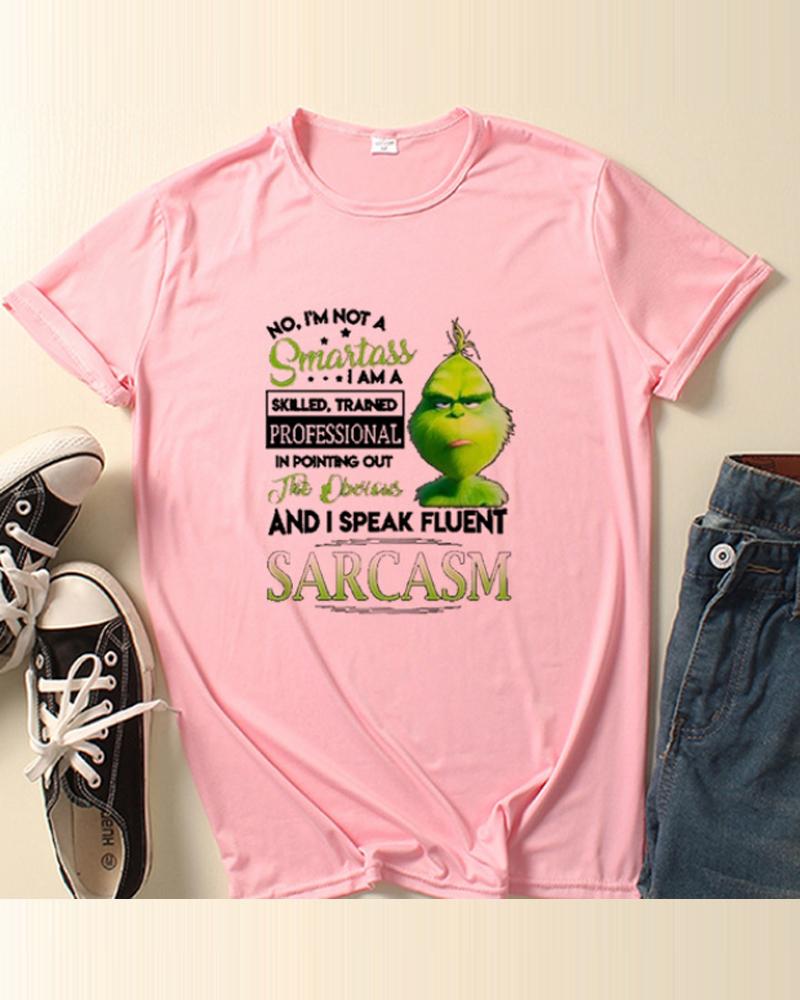 

Christmas Letter Grinch Print T-shirt, Pink