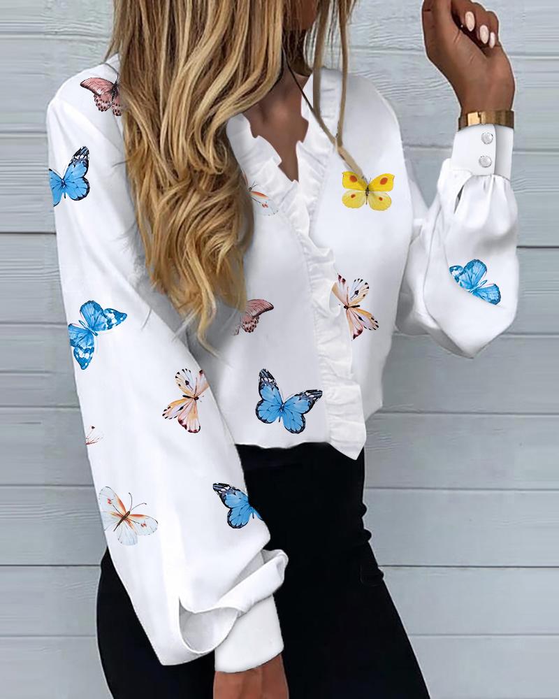 

Butterfly Print Lantern Sleeve Shirt, White