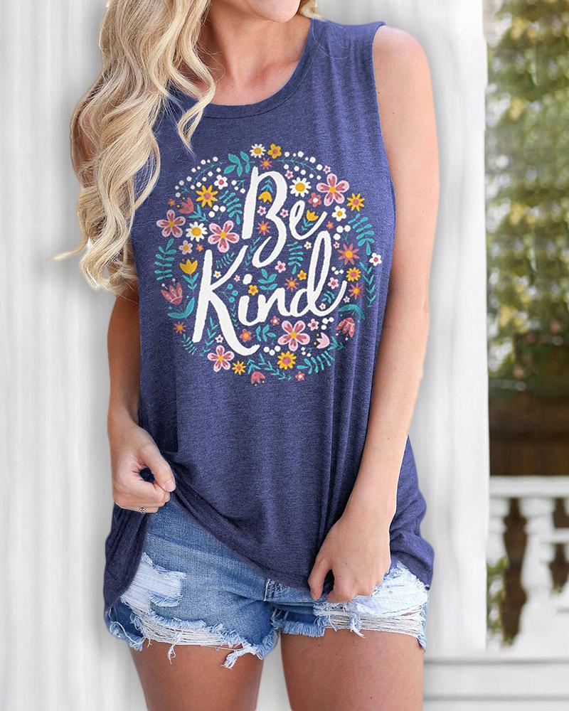 

Letter Floral Print Casual Tank Top, Blue