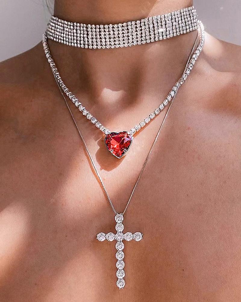 

Rhinestone Choker Cross Gem Stone Pendant Multi-layer Necklace, Red