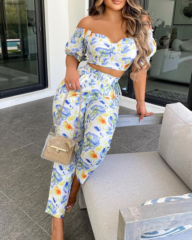

Abstract Print Shirred Crop Top & Pocket Design Pants Set, Multicolor