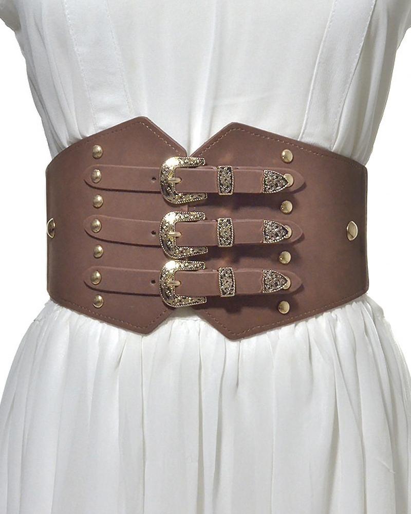 

1pc Vintage Buckle Decor Elastic Wide Belt, Coffee