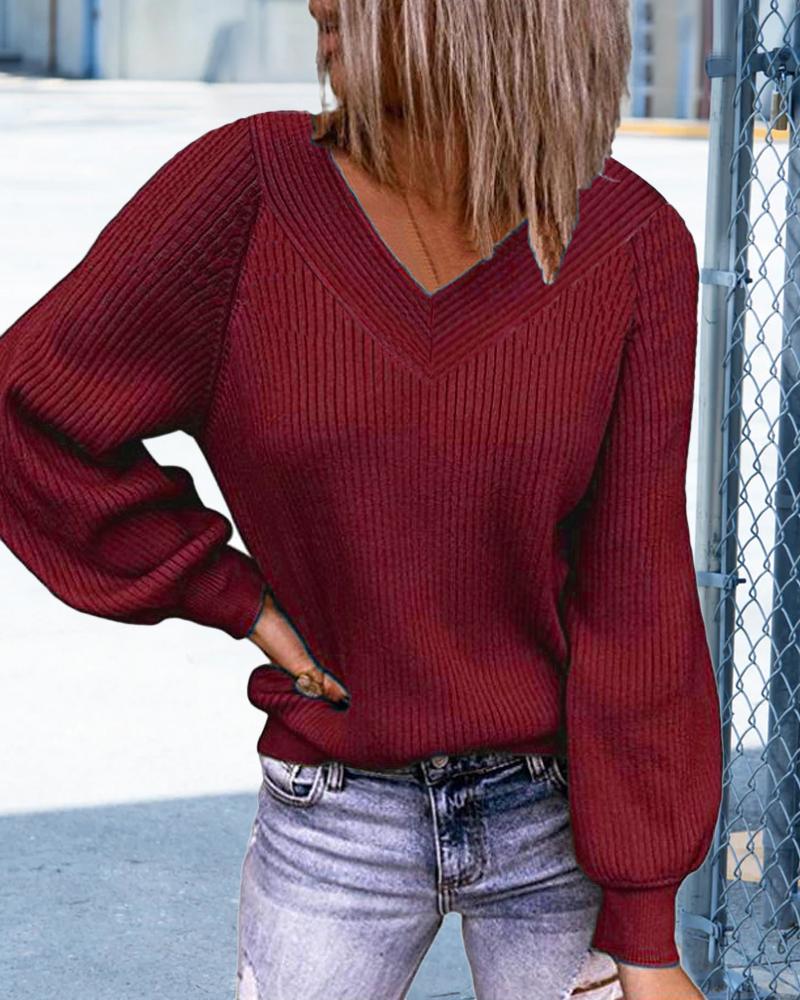 

Plain Long Sleeve V-Neck Sweater, Wine red