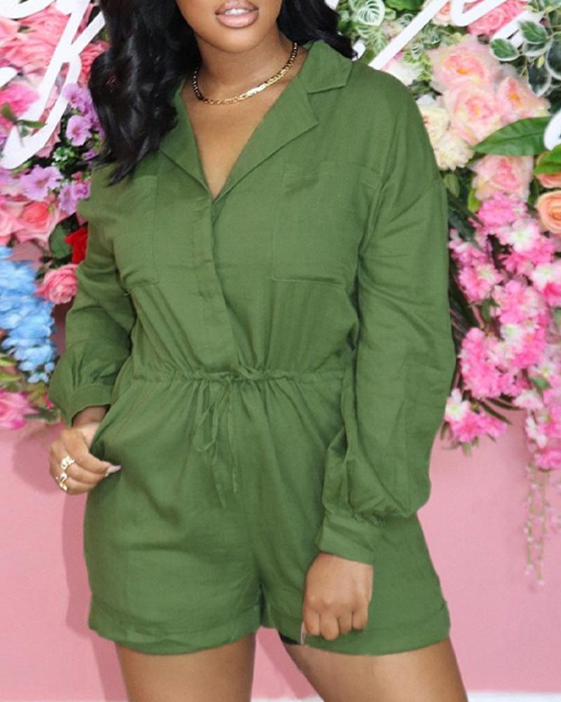 

Long Sleeve Pocket Detail Drawstring Romper, Green