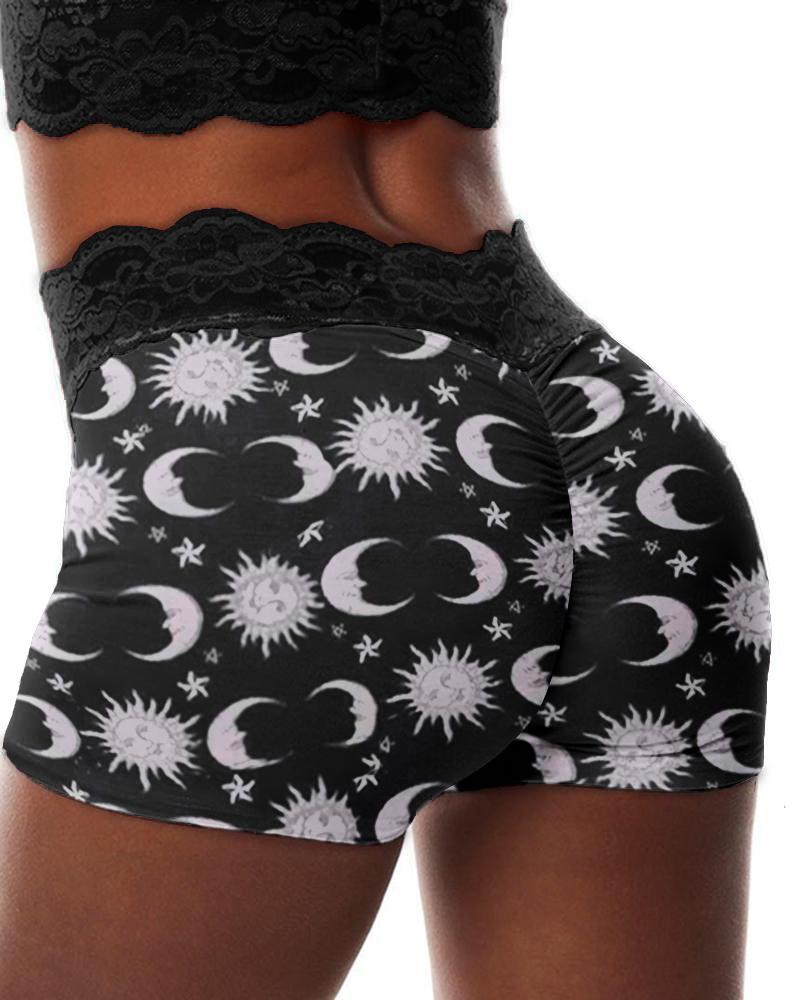 

Crochet Lace Detail Sky Print Casual Shorts, Black