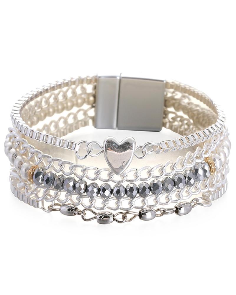 

1pc Valentine's Day Heart Beaded Multi-layer Wide Magnetic Chain Bracelet, Silver