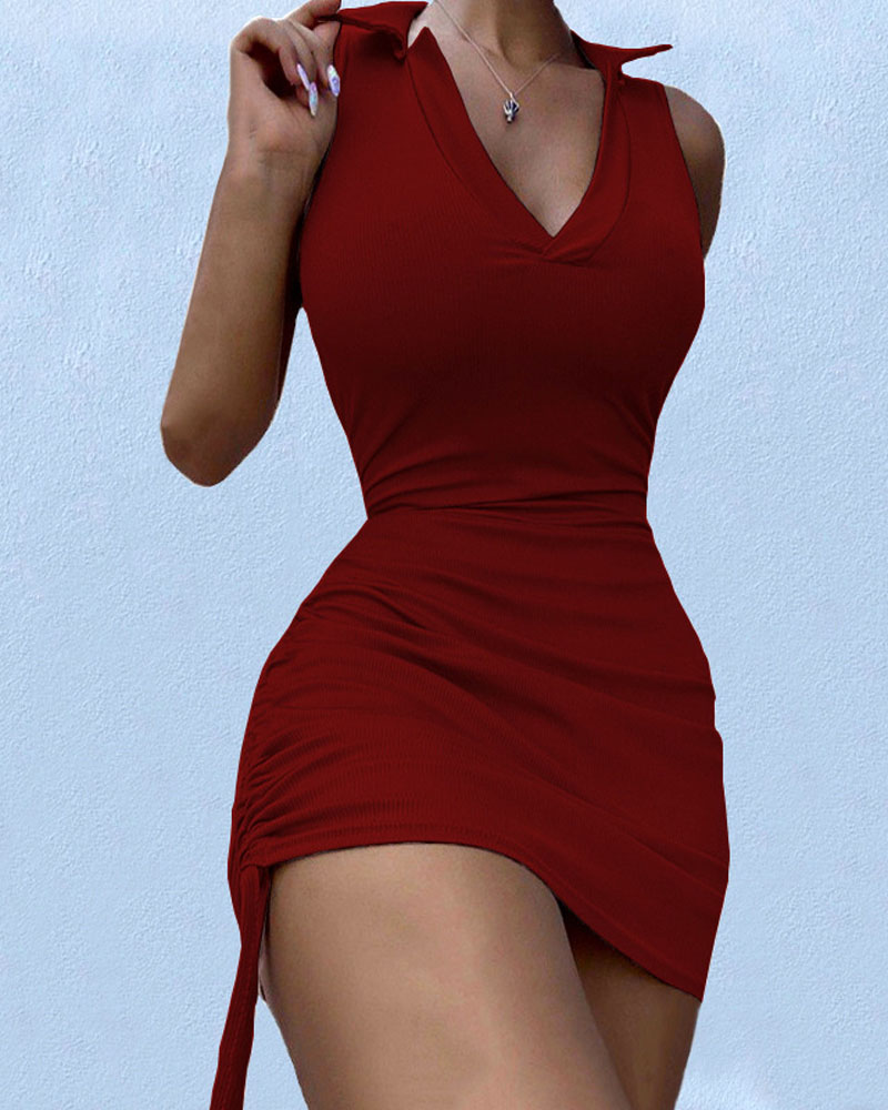 

Drawstring Ruched Sleeveless Bodycon Dress, Wine red